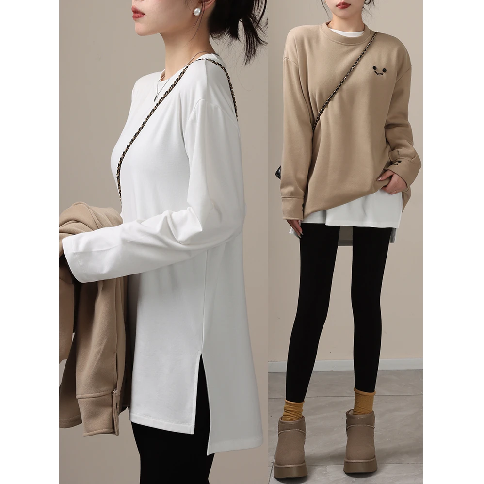中长款白色内搭t恤加绒打底衫女秋冬2025新款宽松叠穿设计感上衣