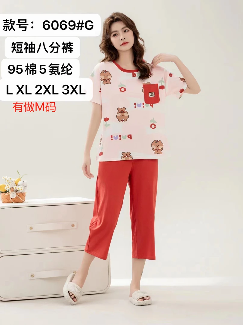 短袖八分裤睡衣女士夏季薄款圆领甜美宽松休闲学生韩版家居服套装