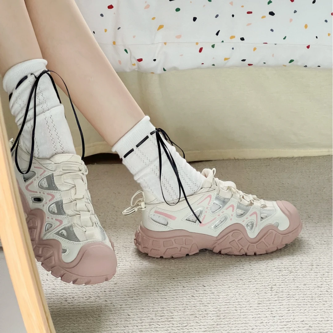 时尚镂空登山鞋女2024新款夏季百搭运动透气丑萌厚底轻便跑步运动