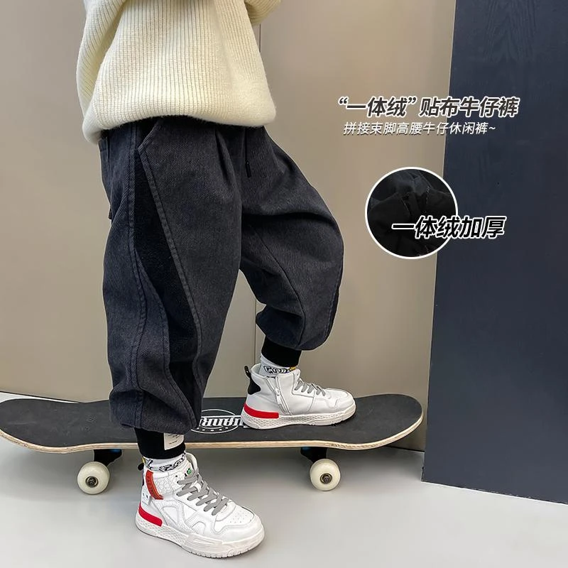 男童加绒加厚裤子2023新款一体绒大童韩版儿童卫裤冬装男孩童装潮