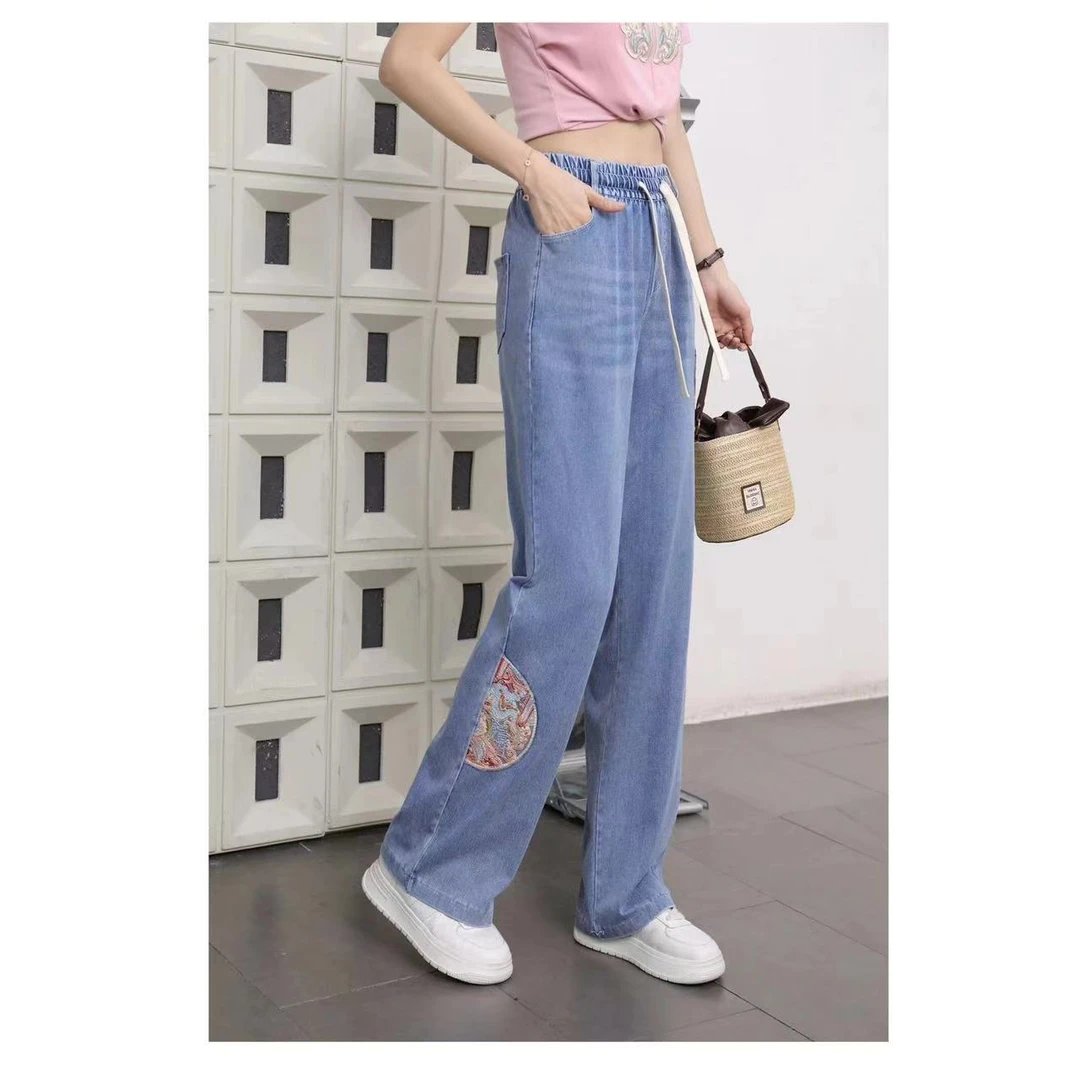 当当家-（国风刺绣）高腰显瘦直筒休闲宽松设计感阔腿裤-半圆刺绣