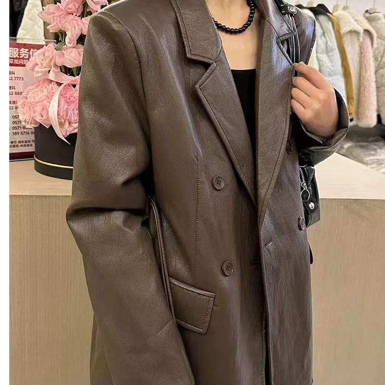 西装领收腰皮衣女欧洲站2024年冬季新款韩版复古时尚保暖外套