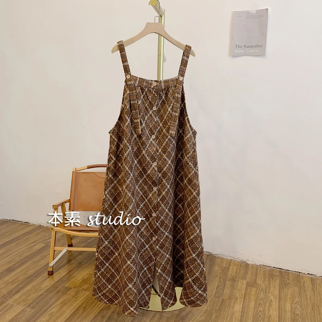 C2871格纹全开扣可调节背带裙