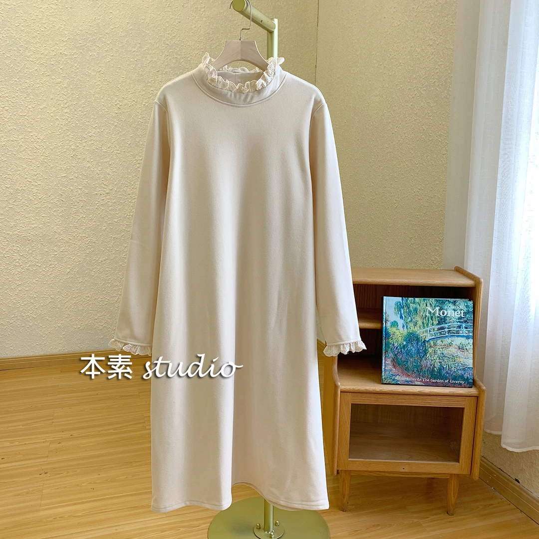 蕾丝打底裙M8724磨毛蕾丝边弹力半高领连衣裙