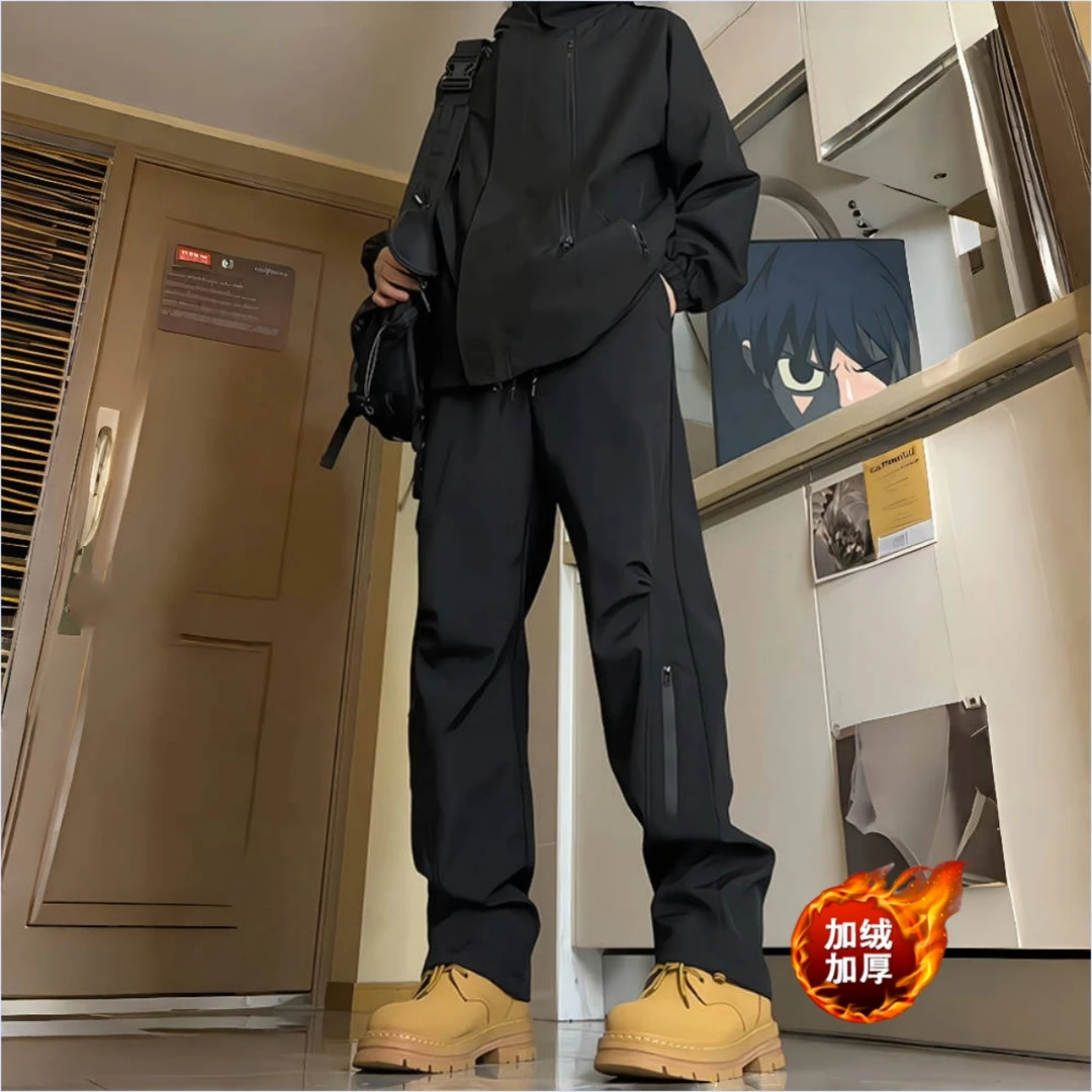 美式滑雪机能裤加绒加厚冲锋裤男款秋冬季宽松直筒防风户外休闲裤