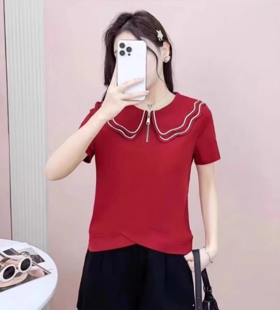《韩尚依服饰》夏季短袖拉链T恤新款纯色学院风减龄