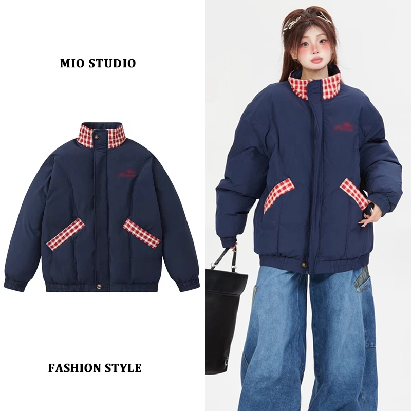 美式复古格子拼接立领棉服女2024新款冬季大码胖mm加厚保暖面包服