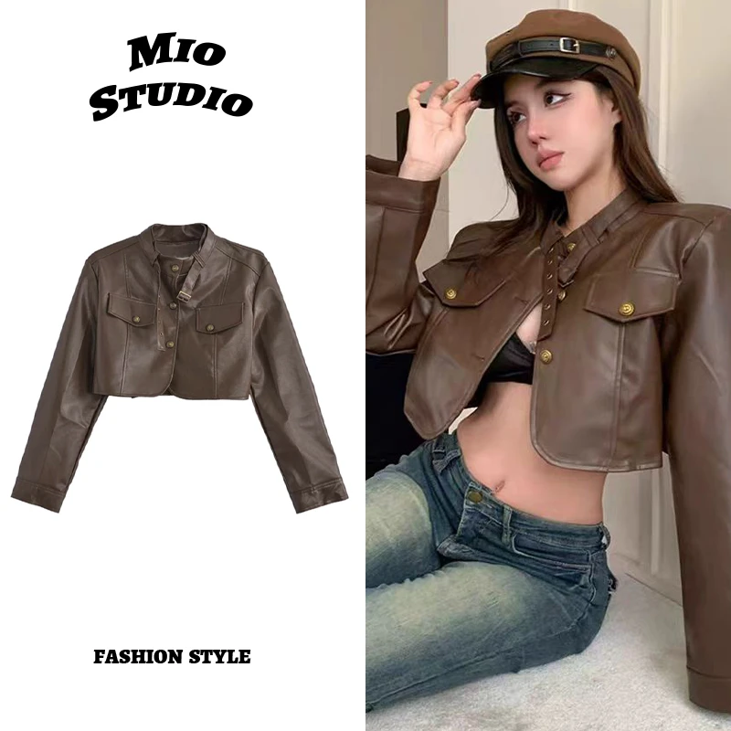 大码胖mm美拉德咖色pu皮衣外套女2024秋季新款设计机车服夹克上衣