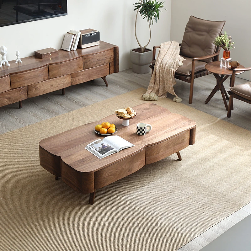 北美黑胡桃实木水滴茶几家用客厅北欧长方形储物矮桌简约原木色