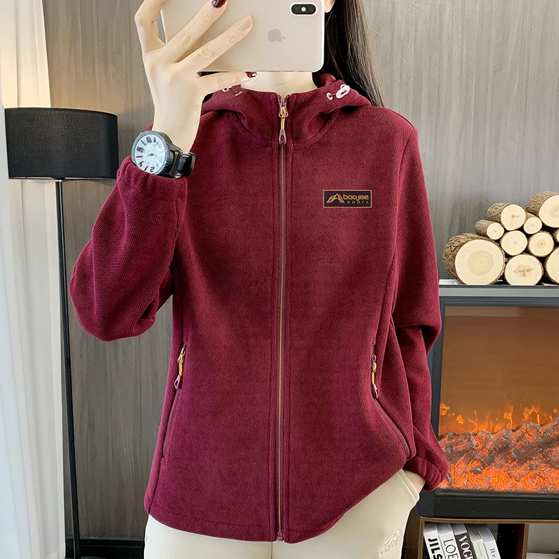 K818秋冬季加绒连帽女士防风休闲保暖外套户外运动旅行加厚抓绒衣
