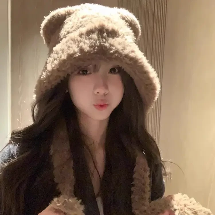 2024新款帽子女秋冬可爱毛绒绒小熊帽子保暖护耳大头围雷锋帽GJC