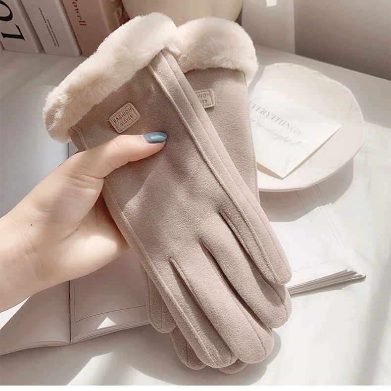 手套冬天女加绒加厚保暖学生麂皮绒女士骑行防寒开车防冻触屏冬季
