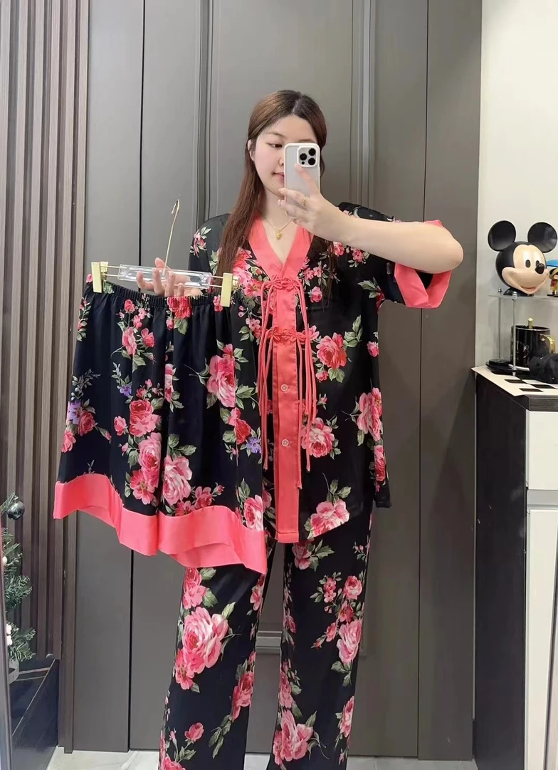 2024秋冬新款国风柔光软丝大码舒适时尚花色三件套家居服睡衣-42