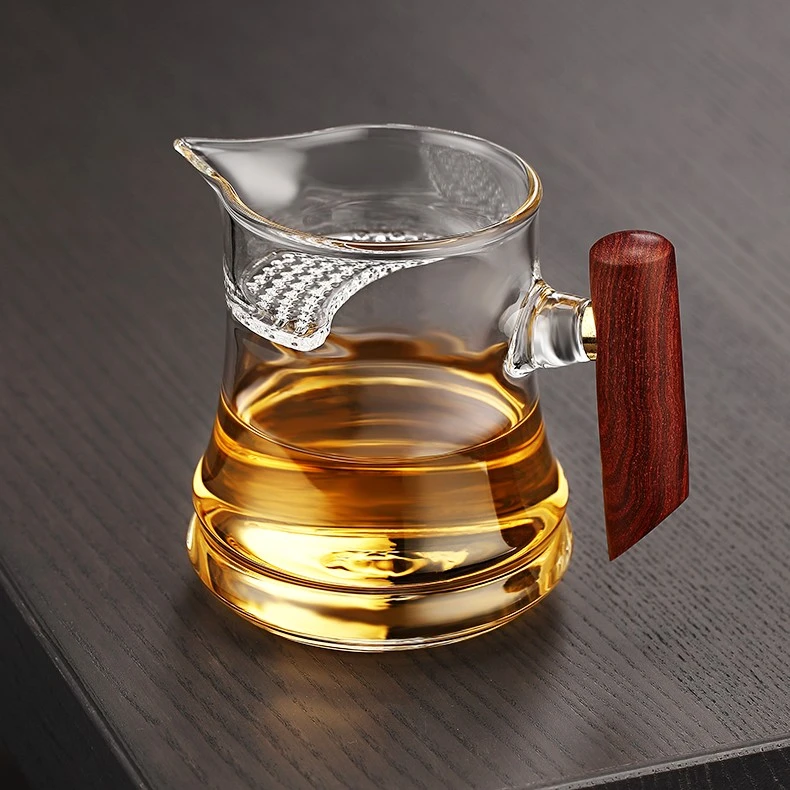 茗言佳具创意玻璃月牙公道杯玻璃一体自带过滤木把茶壶公杯
