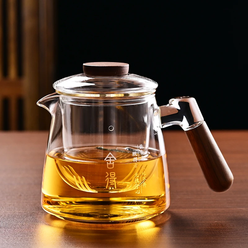 耐热玻璃三件壶 木把茶水分离壶带盖加厚家用茶壶透明茶具≈650ml