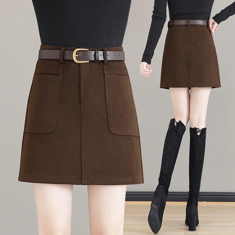 啄木鳥毛呢半身裙女士2023秋冬季新款高腰小个子a字一步包臀短裙