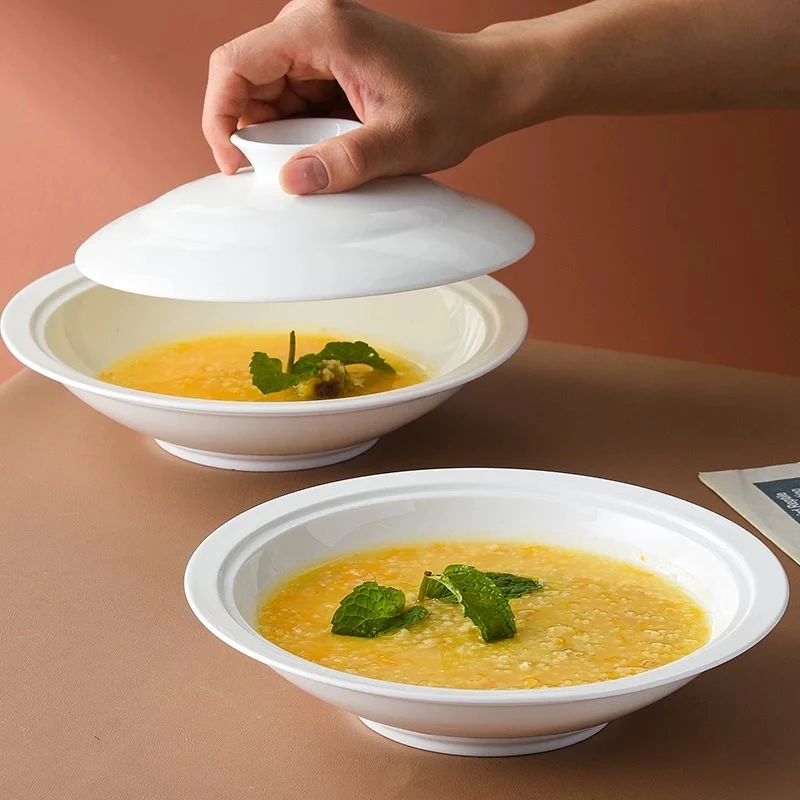 景德镇高温纯白骨瓷【合和器陶瓷盘子】大号加厚家用带盖菜盘汤盘