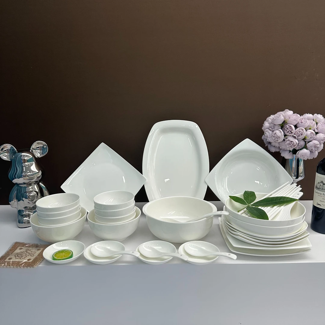 景德镇家用高温釉下彩纯白骨瓷套装【带耳朵汤碗异形盘子搭配套装】