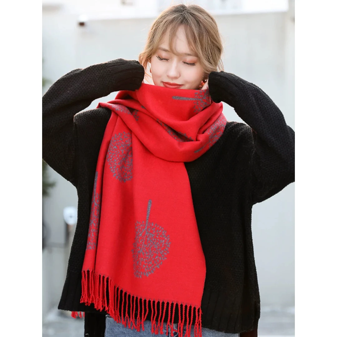 内蒙古厂家直销双面羊绒围巾蒲公英图案70✖️2 米披肩空调房保暖