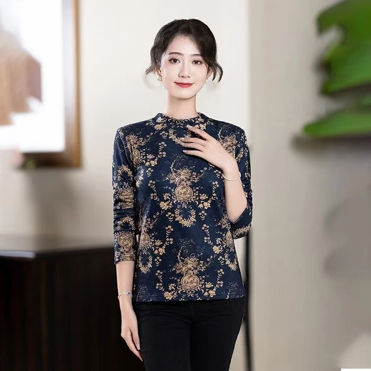 加绒中老年加厚秋冬妈妈新款洋气长袖高领保暖打底时尚T恤上衣