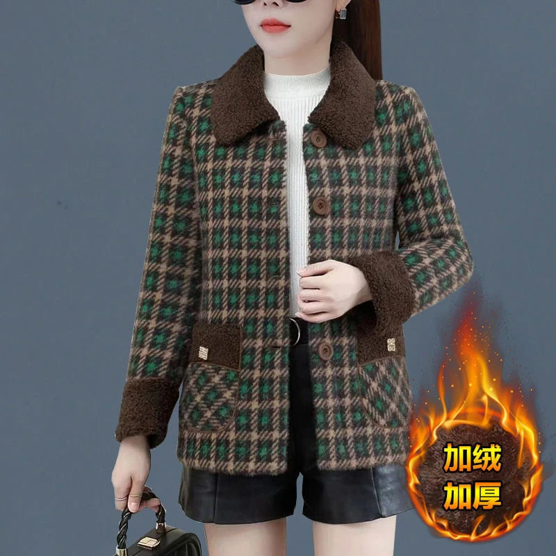 女外套短款2024格子冬季新款加绒加厚时尚保暖超厚洋气双面绒