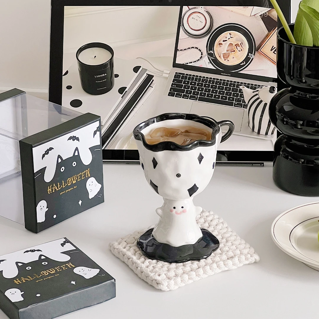 新品可爱鬼幽灵陶瓷高脚马克杯子创意高颜值小众冰淇淋杯伴手礼盒
