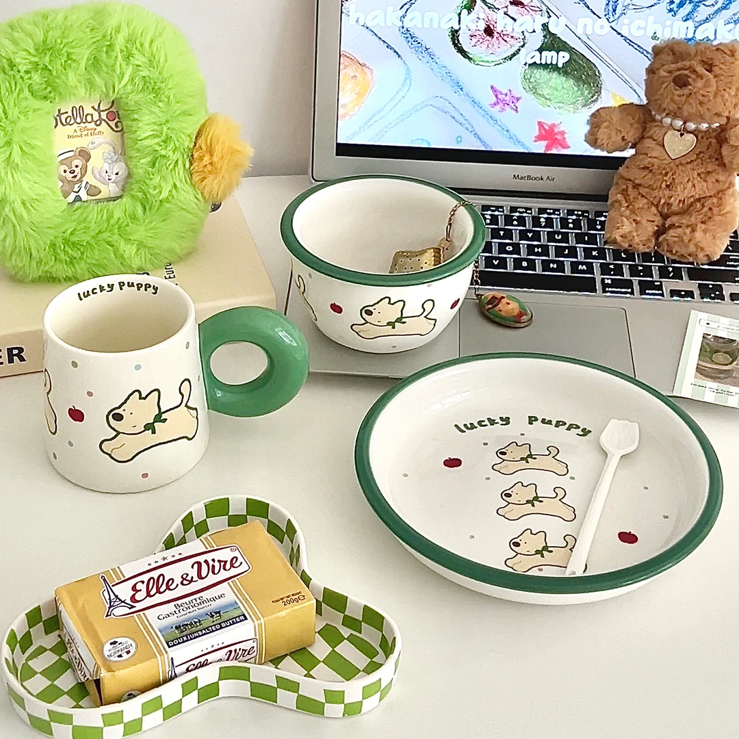 幸运小狗陶瓷饭碗家用早餐餐盘子创意女式高颜值马克杯设计感小众