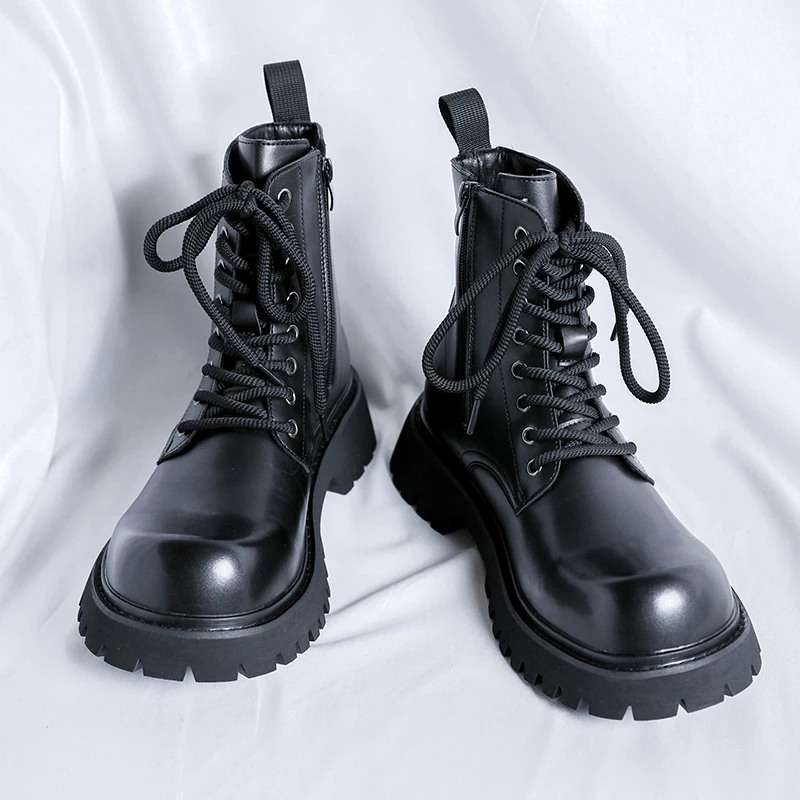 黑色马丁靴男真皮潮流侧拉链英伦风工装机车靴男士增高大头靴子潮