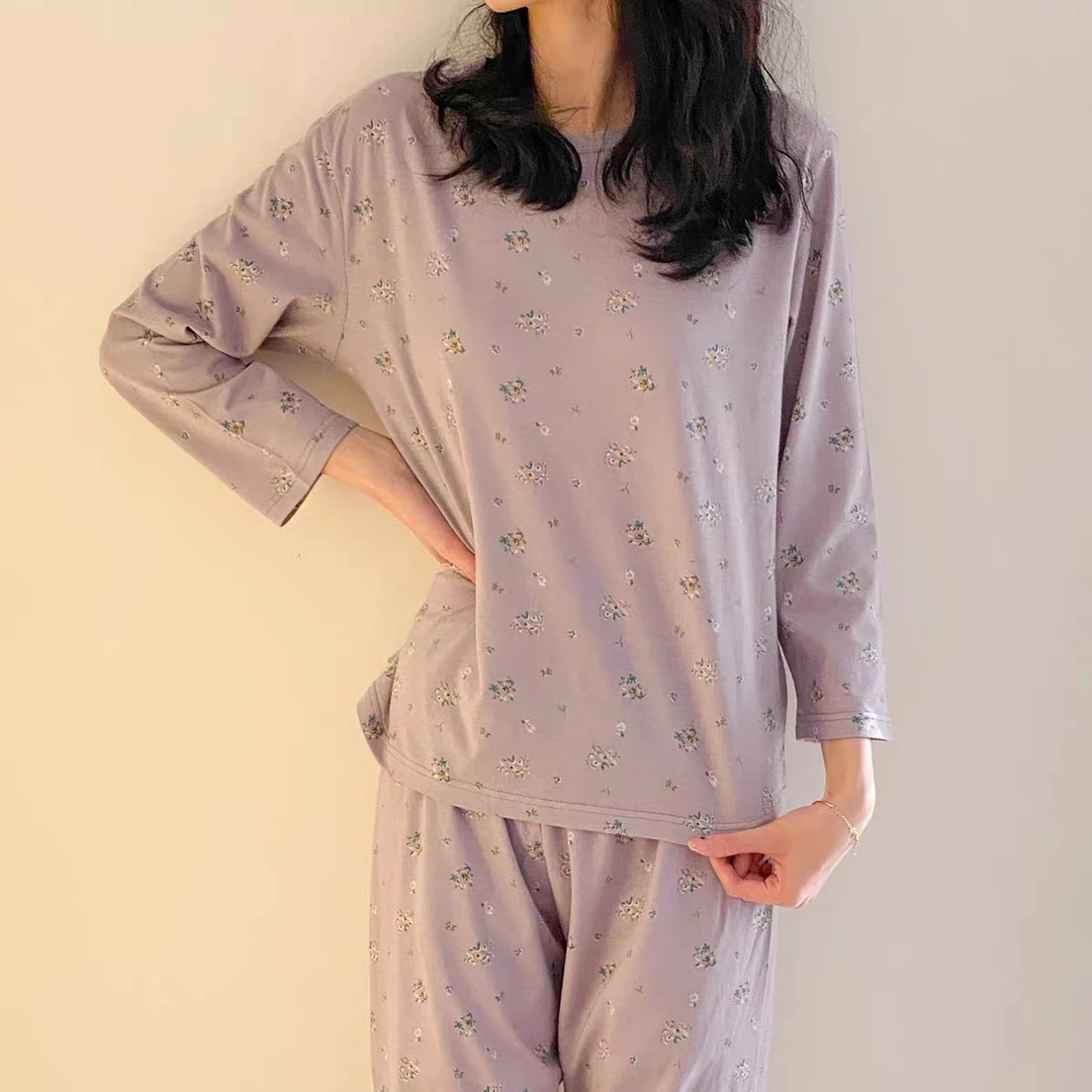 天竺棉~A类亲肤韩版碎花天竺棉睡衣长袖长裤家居服