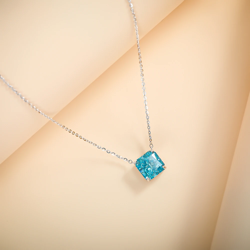 坠链均925银合成锆石 轻奢蓝色正方冰花切项链百搭AL-0427B  时尚
