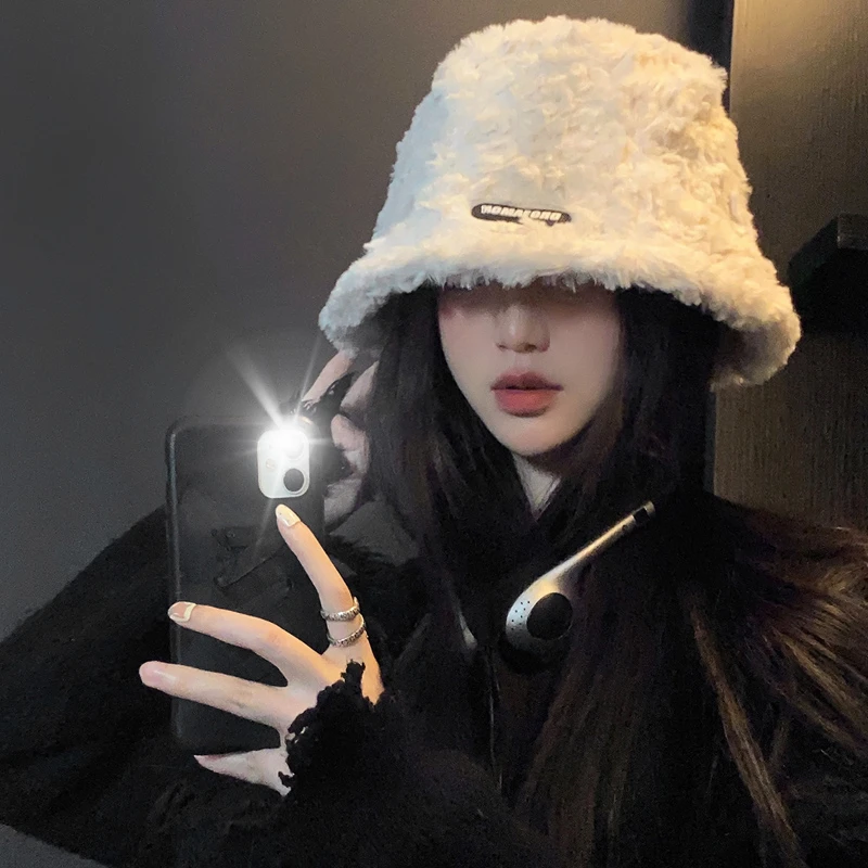 日系ins毛绒渔夫帽子女秋冬2022新款加绒保暖韩版百搭水桶盆帽潮