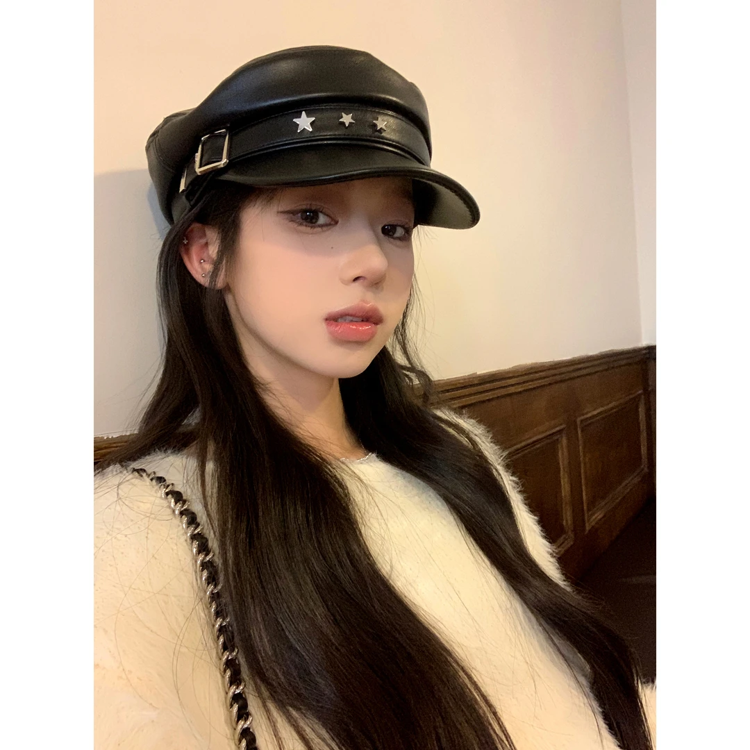 秋冬季PU皮平顶网红百搭专用贝雷帽气质个性八角帽复古画家帽子女