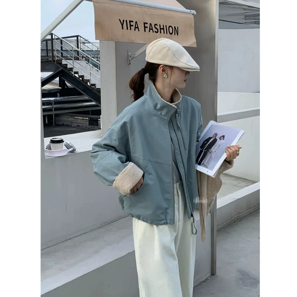 羊羔毛短款派克服女2024冬款韩系休闲宽松小个子棉服外套