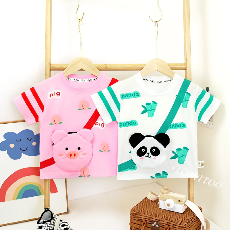 【洛儿妈专属】2025夏季新款白熊猫小包短袖 男童女童短袖T恤9612