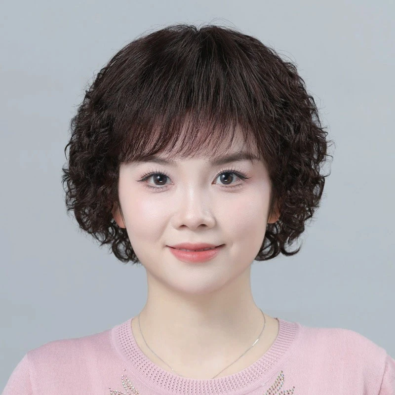 假发全头套女真人发丝短发卷发假发自然真发中老年士女妈妈款发型
