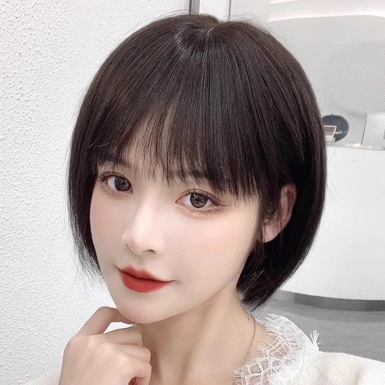 挂耳短发假发女全头套式真人发丝全真自然造型夏天薄款假发套