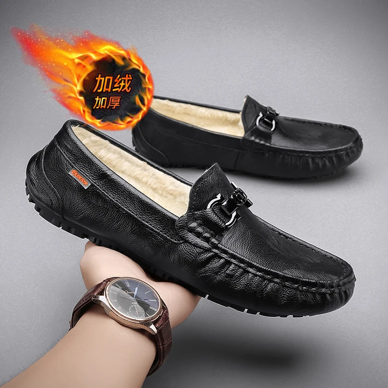 冬季真皮加绒豆豆鞋男新款休闲皮鞋保暖一脚蹬韩版驾车鞋潮懒人鞋