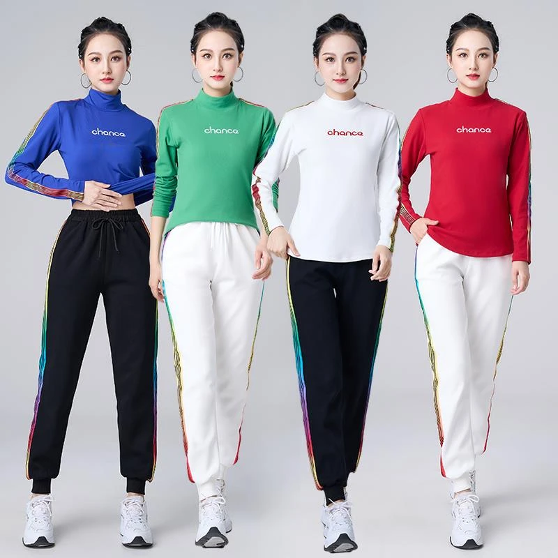 杨丽萍广场舞服装新款运动套装加绒长袖女健身操跳舞衣服打底衫女
