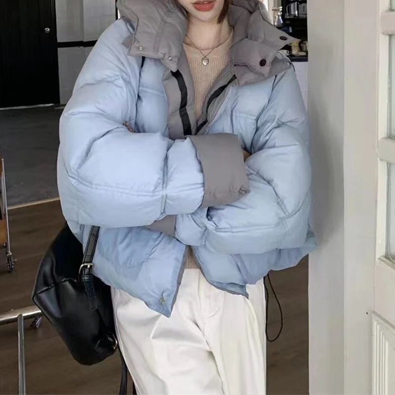 双面穿面包服女2024年冬季新款韩系连帽短款撞色宽松小个子棉服