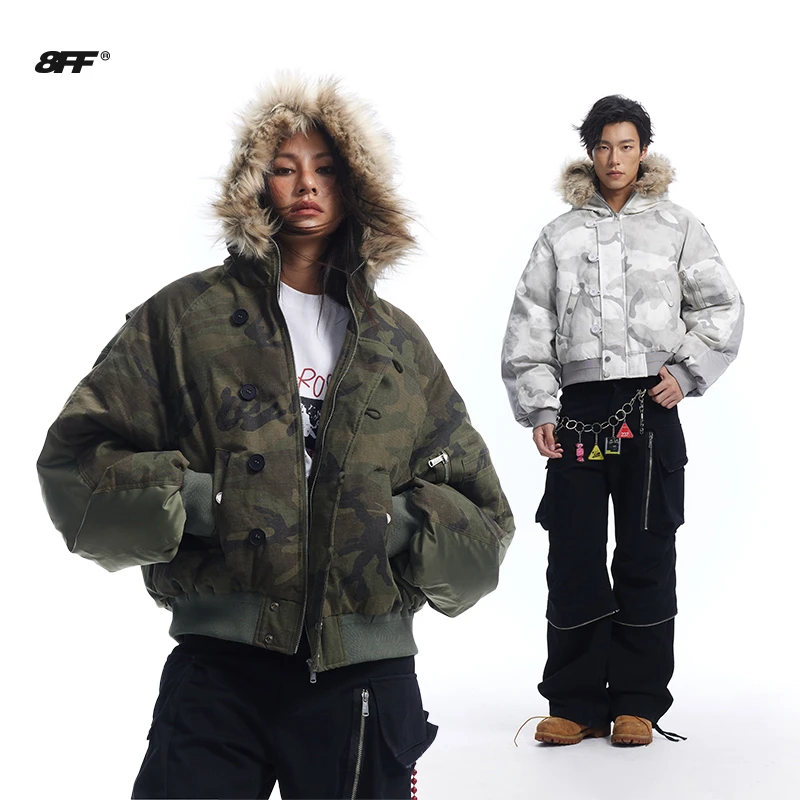 8FF大不相同/美式做旧迷彩座山雕加绒加厚连帽毛领夹克羽绒棉服