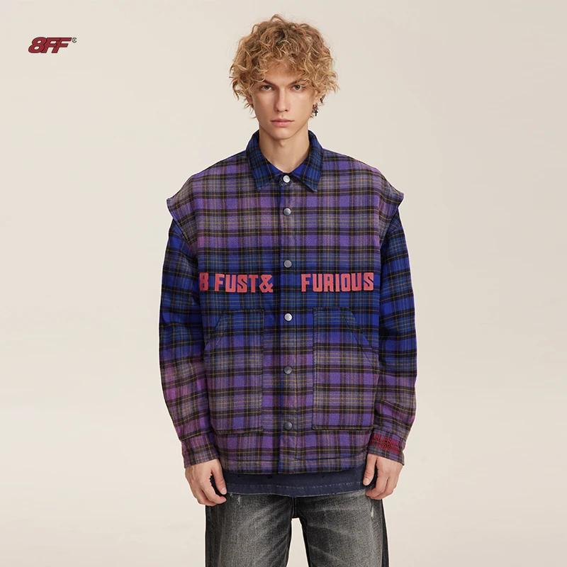 8FF/23FW蓝紫色印花字母宽肩格子夹棉衬衫渐变水洗外套