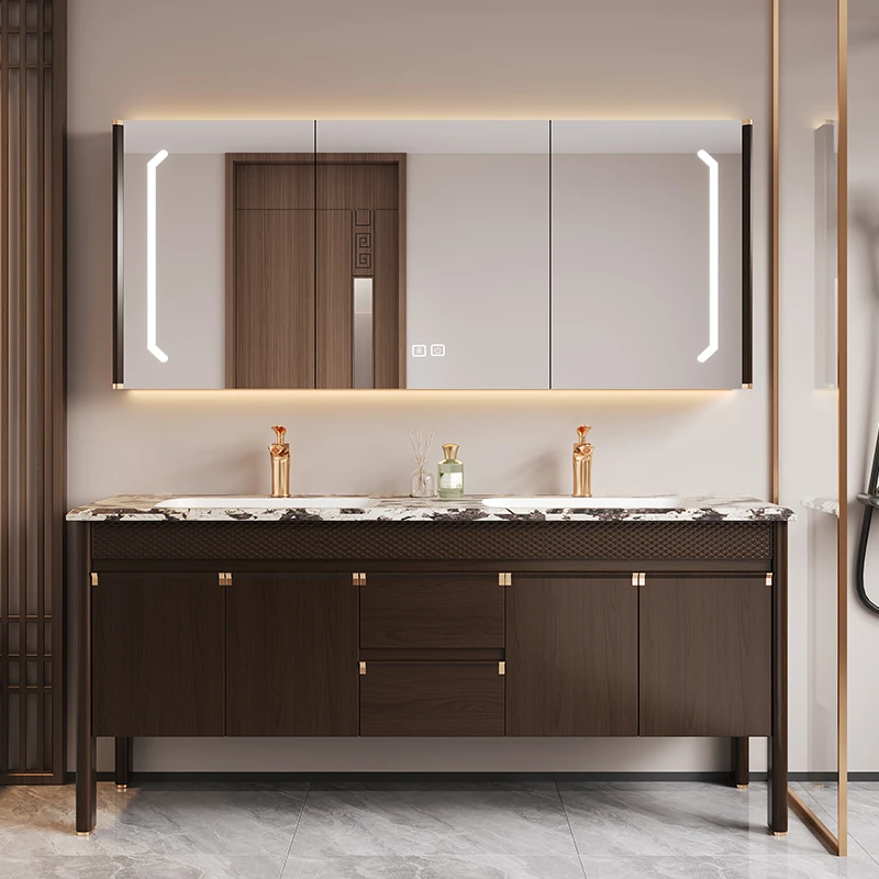 家居落地式乌金木天然奢石无缝盆智能浴室柜洗手盆洗脸盆柜组合