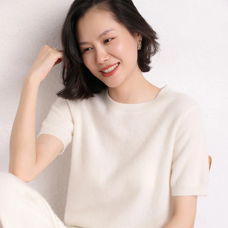 鄂尔佳™纯山羊绒羊毛针织圆领短袖潮牌时尚显瘦薄款女士简约纯色