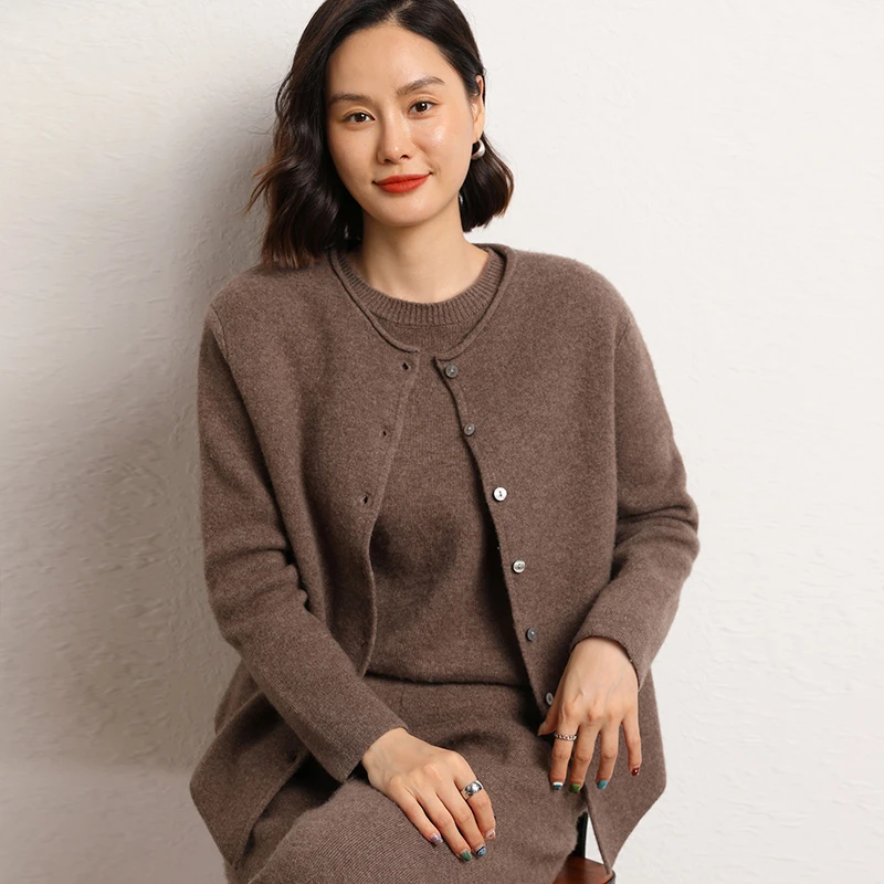 鄂尔佳™12针单股加厚芝麻点贝壳扣不规则四平山羊绒羊毛针织开衫