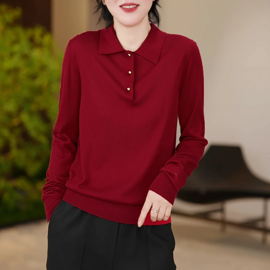 蚕贵妃/“红缨POLO”气质优雅端庄百搭纯色针织衫/208228