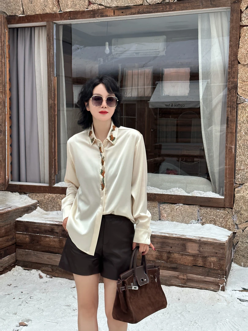 “翠色丽影”长袖轻质时尚百搭休闲钉珠衬衫/H9053