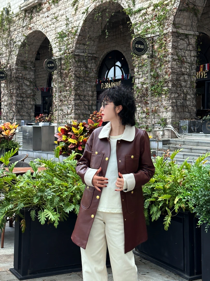 “法式城堡”复古潮流设计师款时尚百搭休闲真皮皮外套/31181