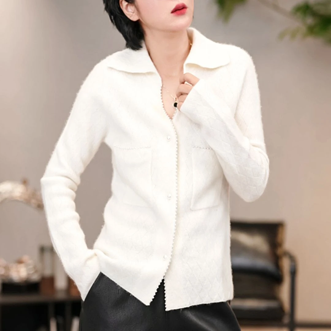 "白色恋人"翻领针织开衫时尚毛衣/A340气质长袖百搭休闲