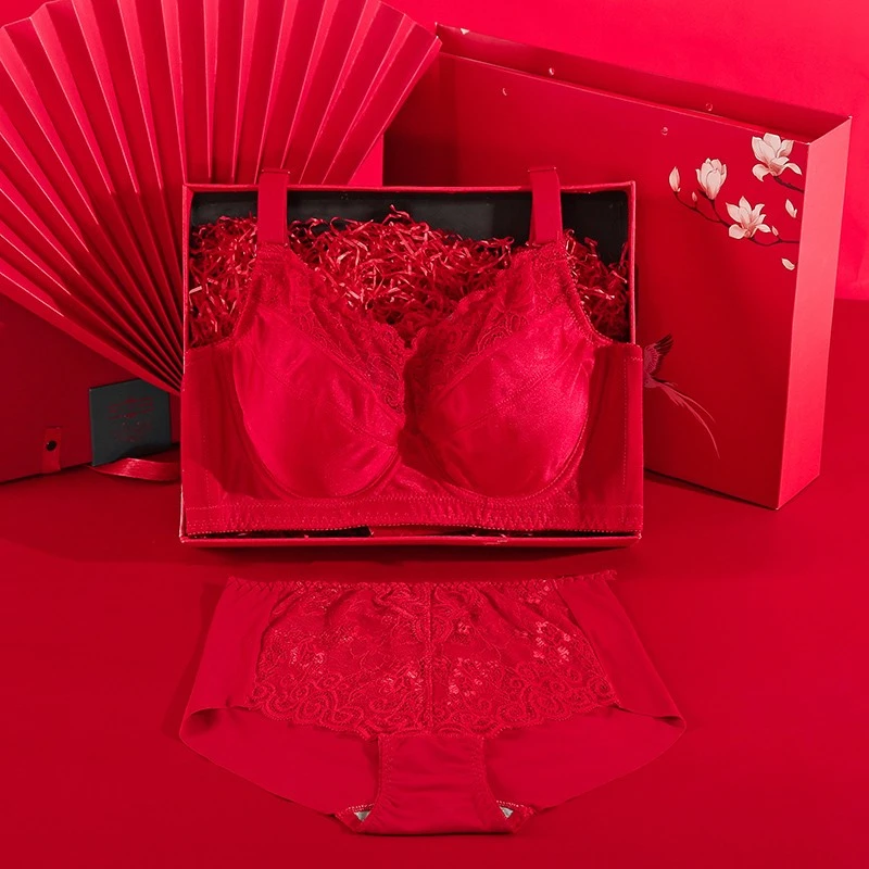 本命年女士红内衣内裤大胸显小薄款全罩杯有钢圈防下垂红色文胸