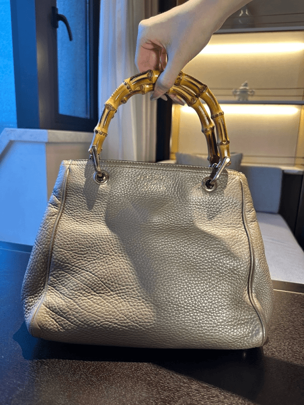 95新 GUCCI/古驰 古驰/Gucci bamboo中古香槟金竹节托特包